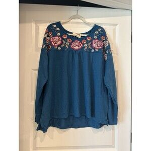 Savanna Jane Sweater Womens 2X  Blue Knit Embroidered Floral Pleated Boho